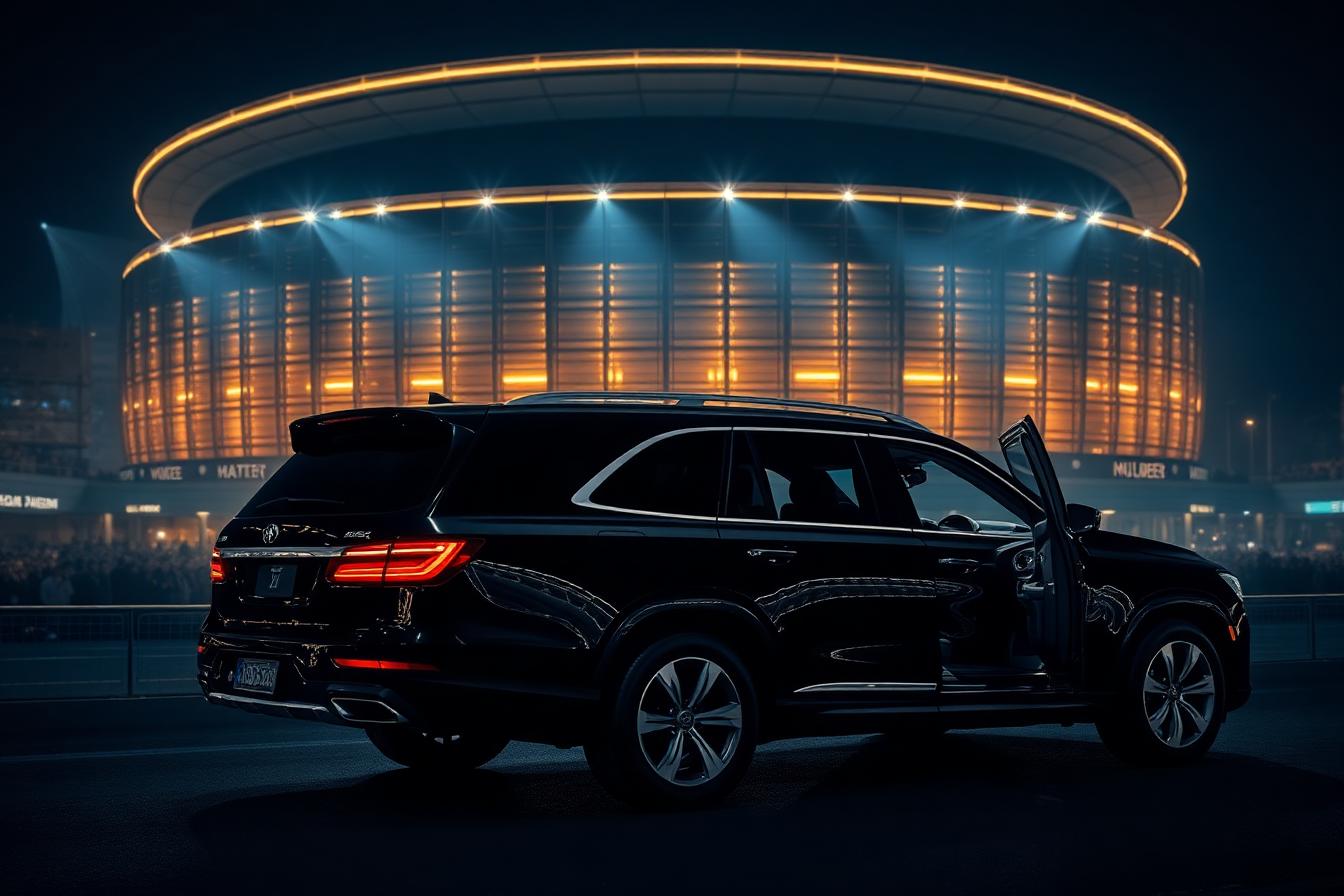 Black luxury SUV outside a concert arena at night