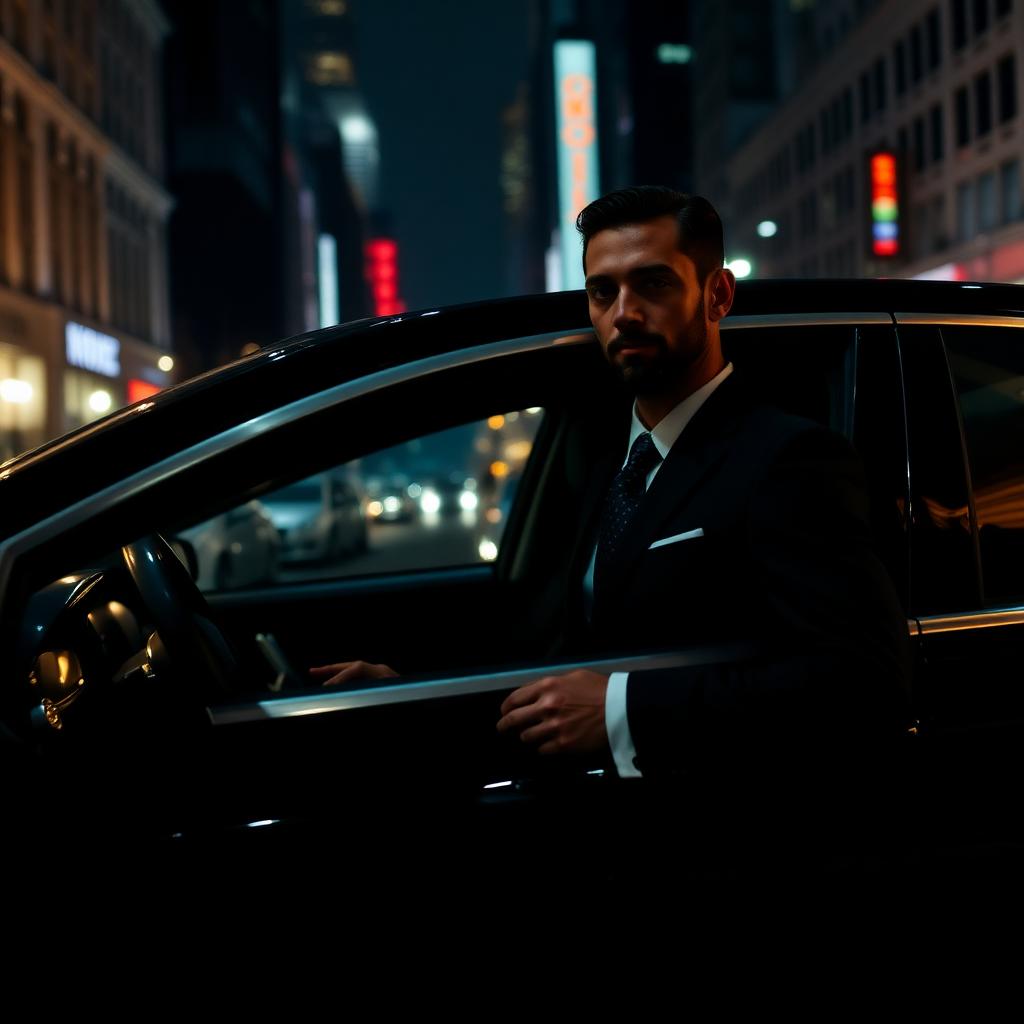 Chauffeur in suit opening the door of a black luxury car at night