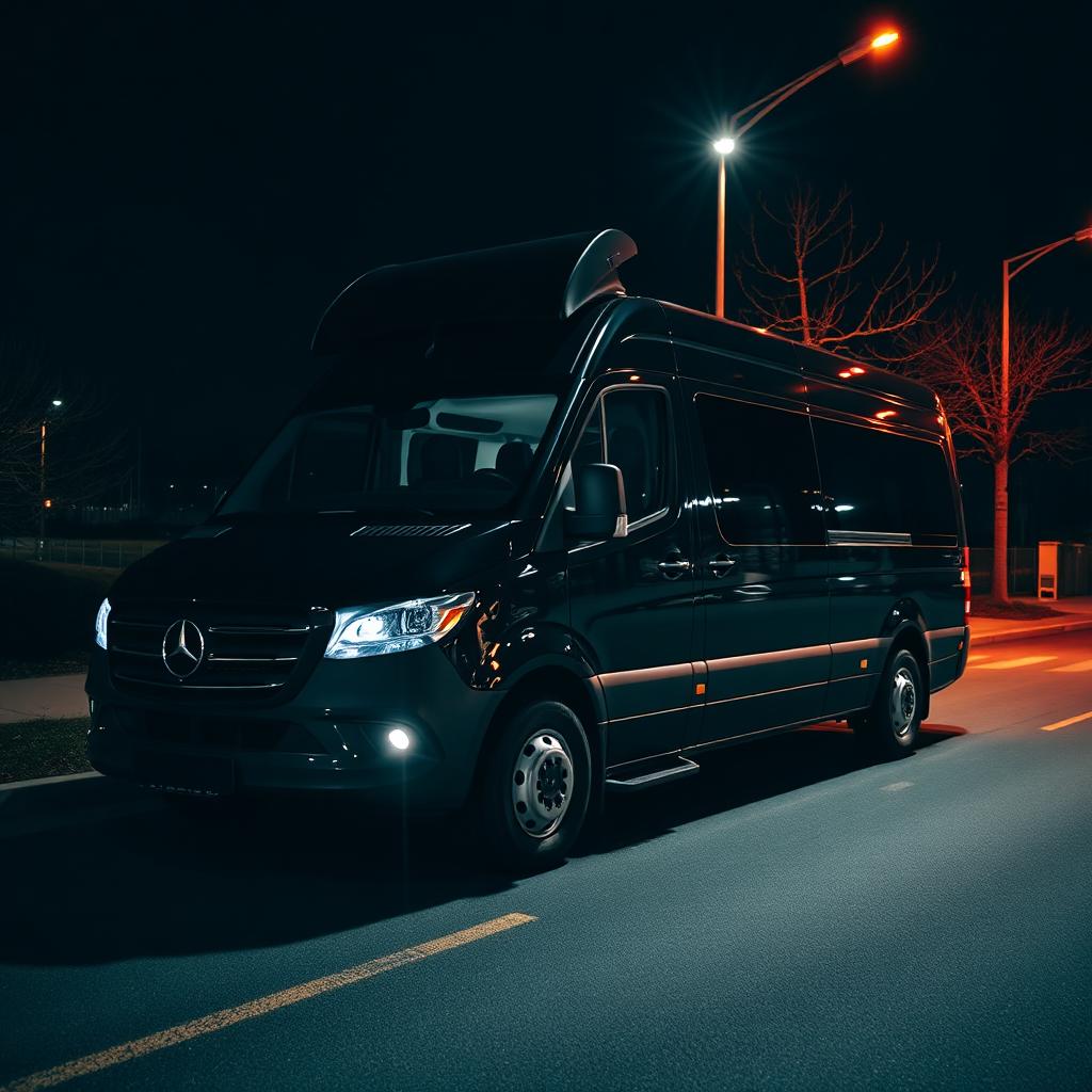 Luxury black Mercedes Sprinter van at night